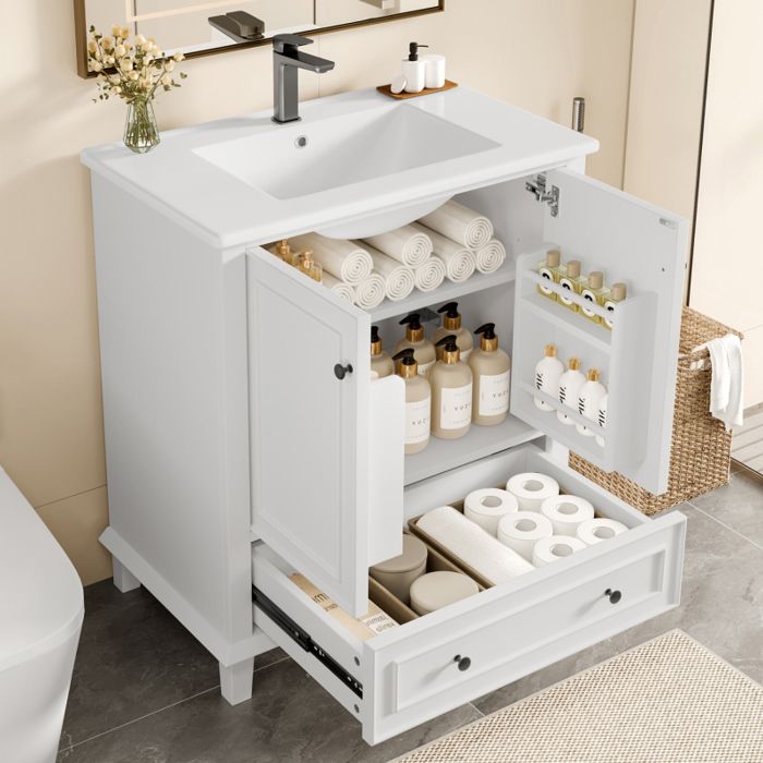 Petit Meuble sous vasque salle de bain grand espace de stockage-Meuble lavabo main wc et bassin intégré blanc-76x46x87cm