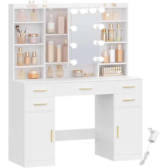 108 cm Coiffeuse avec Miroir10 Lumières LED Luminosité Réglable Tiroirs Armoire et Étagères Miroir avec Étagères CachéesBlanc