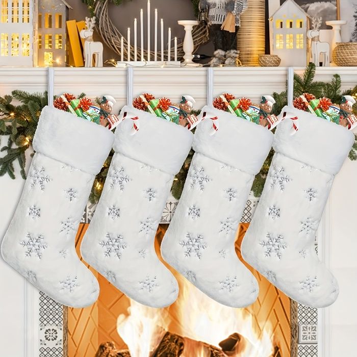 Chaussettes de Noël - Lot de 4 - Peluche - Paillettes - Flocons