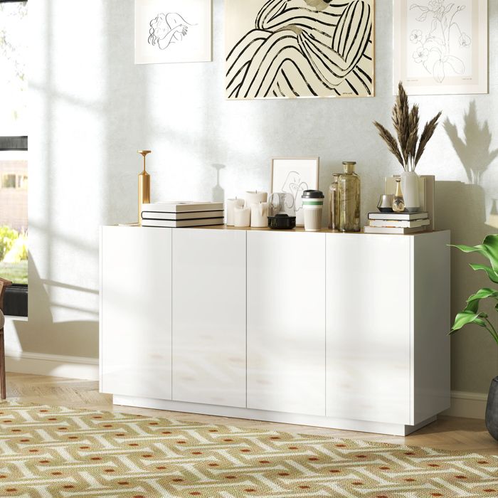Buffet salle à manger buffet cuisine 4 portes à fermeture douce et étagères réglables 140l x 40P x 75H cm blanc laqué