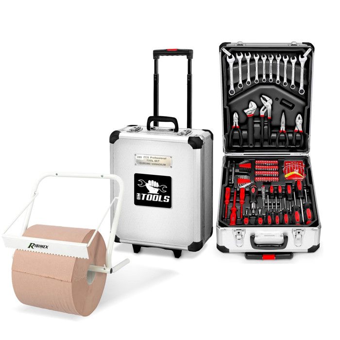 Boite d Outils 399 pièces BM TOOLS BMT-399-PCS en Chrome Vanadium avec mallette en ALU et poignée avec Distributeur de papier