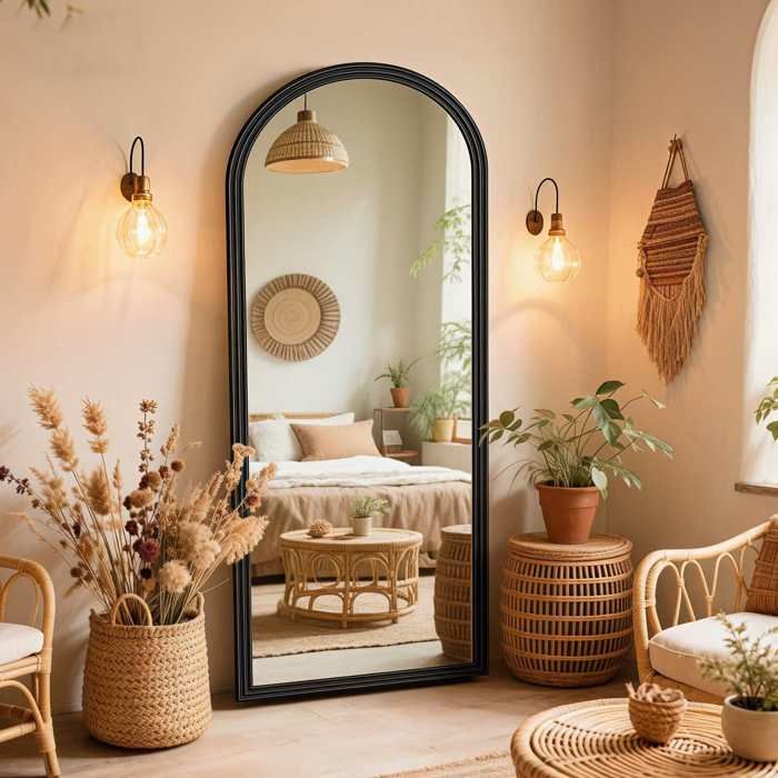 Miroir arqué pleine longueur haute définition support réglable minimaliste élégant 160 × 50 cm noir