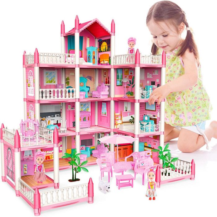 Château De Princesse Maison De Poupée - Villa 11 Pièces Avec Lumières LED - Inclut 4 Poupées Jeu De Rôle Pour Développement Créatif