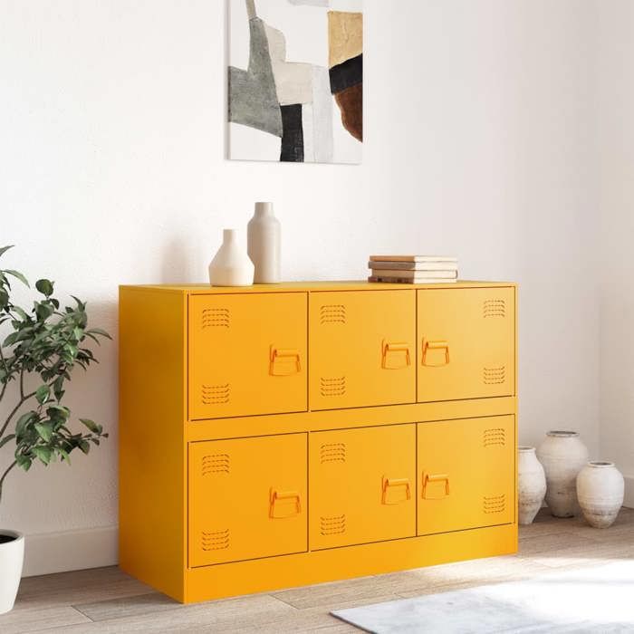 Buffet en acier - vidaXL - Jaune moutarde - 99x39x73 cm - 6 compartiments - 6 poignées en métal - Capacité 90 kg