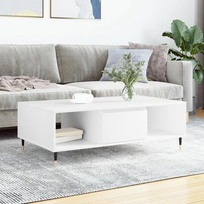 Table basse en bois dingénierie - vidaXL - 104x60x35 cm - Blanc - 3 compartiments de rangement - Pieds en fer