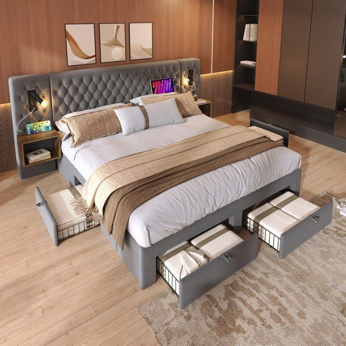 Lit capitonné double 180×200 cm Lit rembourré en velours avec 2 tables de chevet 2 lampe de lecture 4 tiroirs ports USB