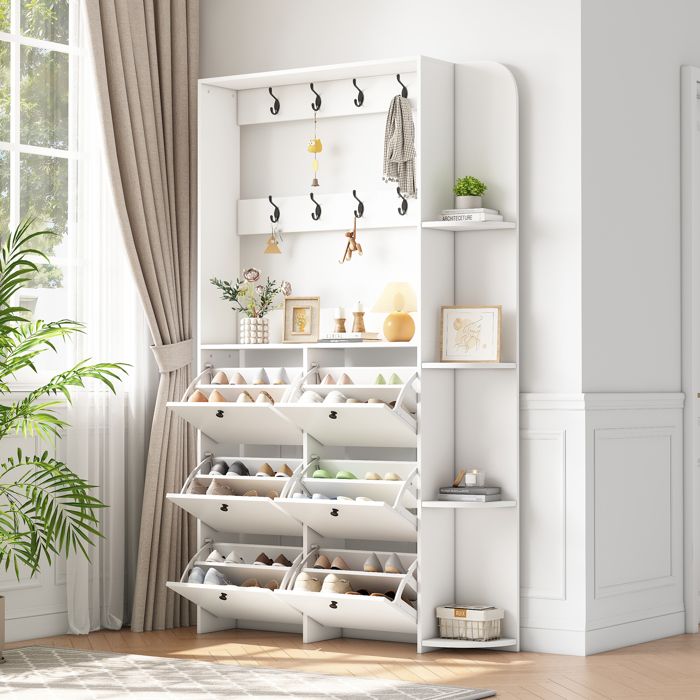 Meuble à chaussures multifonctionnel avec Porte-manteau 8 Bacs à Chaussures et 5 Étagères Meuble dentrée Blanc 120 × 24 × 200 cm Meuble à chaussures multifonctionnel avec Porte-manteau 8 Bacs à Chaussures et 5 Étagères Meuble dentrée Blanc 120 × 24 × 200 cm