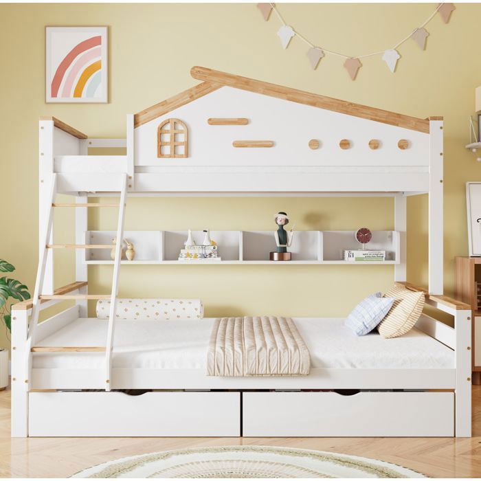 Lit superposé enfant 90x200 et 140x200 cm avec rangements 2 tiroirs échelle inclinée 4 marches bois blanc/naturel