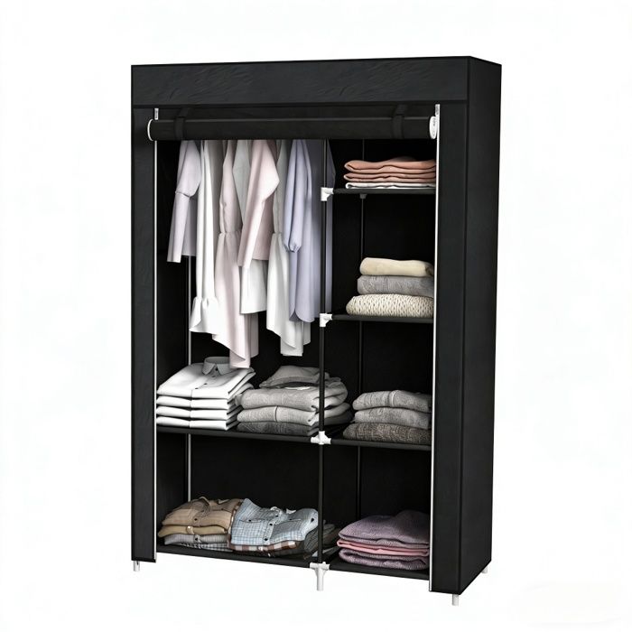 Armoire Penderie en Tissu - BELLEMAVE - Armoire de Rangement avec 6 Compartiments et 1 Tringle - 103 x 43 x 162.5 cm - Noir