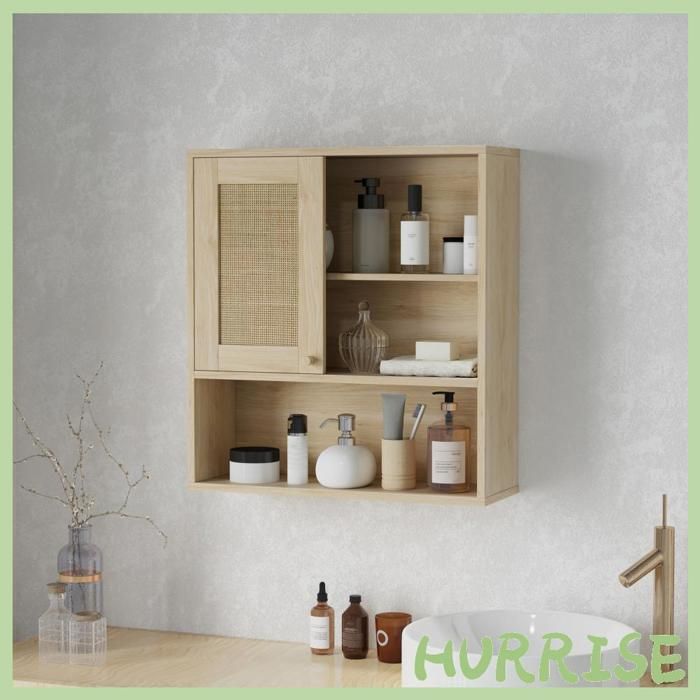 Cocosity Armoire Murale Meuble Haut Salle De Bain Avec Porte Coulissante En Rotin Et Étagères Ouvertes Bois Naturel