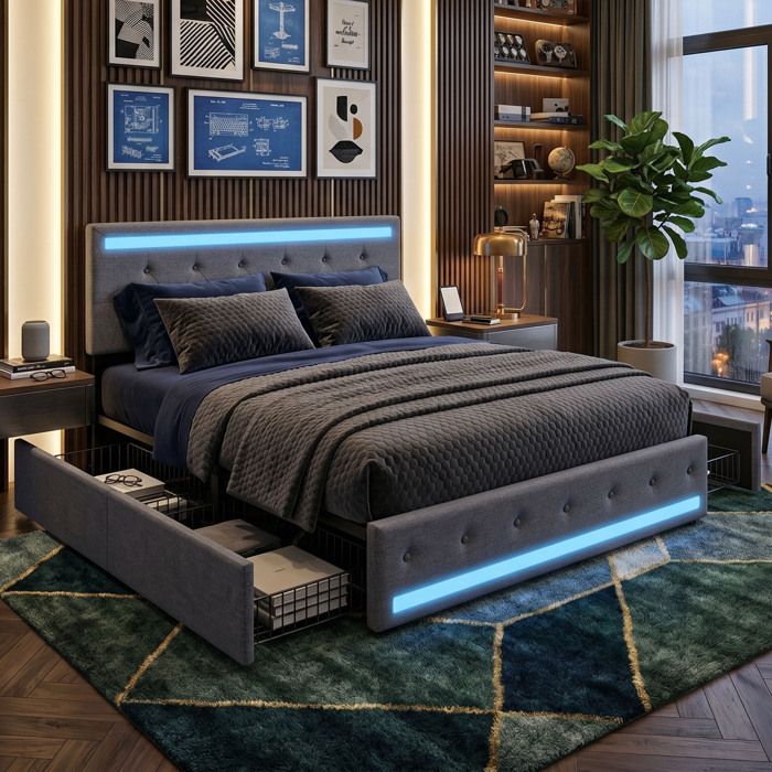 Lit Adulte 180x200cm - Gris Foncé - Lit Capitonné en Tissu Lin avec 4 Tiroirs de Rangement Éclairage LED RGB et Ports USB Type-C
