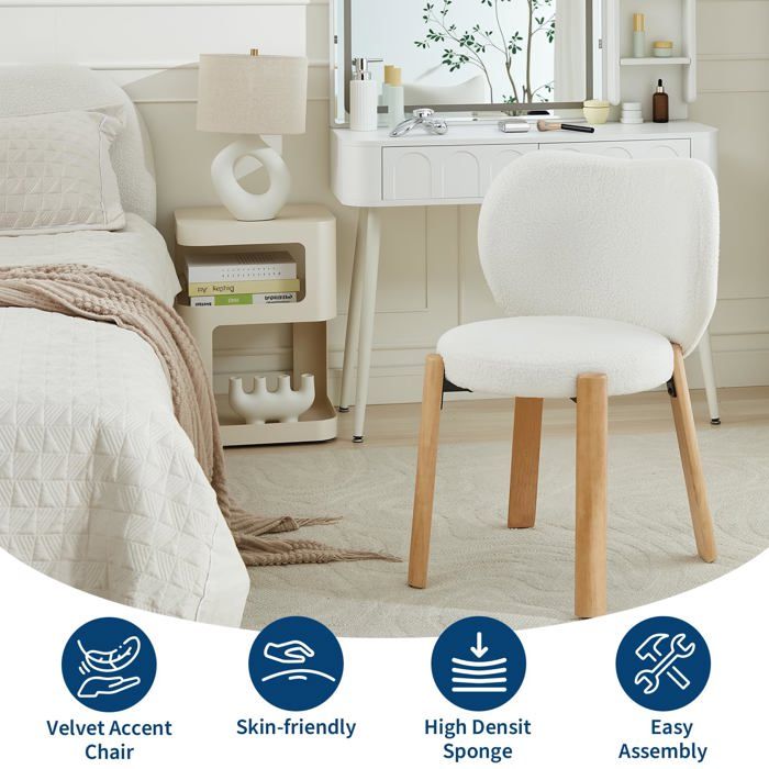Chaise de coiffeuse en velours teddy - LUNSY - 55x595x815 cm - Blanc - Effet nounours