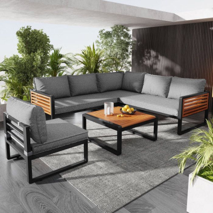 Salon bas de jardin extérieur pour 5-6 personnes canapé outdoor moderne avec cadre en fer galvanisé et détails décoratifs
