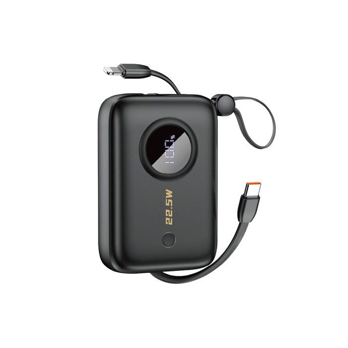 Batterie externe 10 000 mAh avec câbles USB-C/Lightning noire