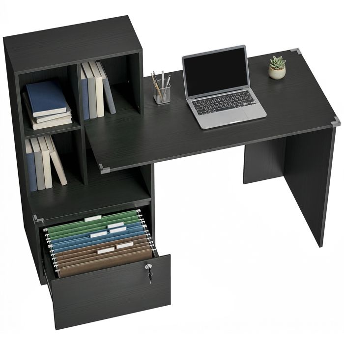 Bureau dordinateur - HOMCOM - bibliothèque 4 compartiments tiroir verrouillable - panneau de particules - 126x50x109cm - noir