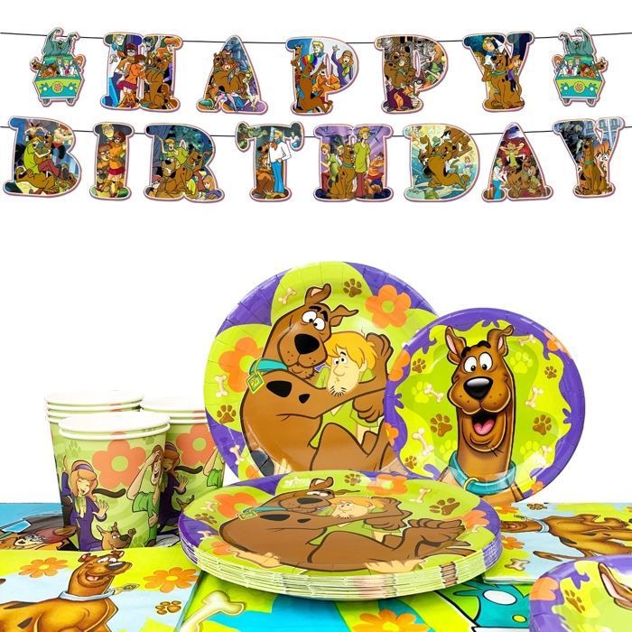 Décoration de fête - INBOXXARTY - Ensemble Scooby-Doo - Multicolore - Bannière & Nappe - Assiettes Serviettes Gobelets