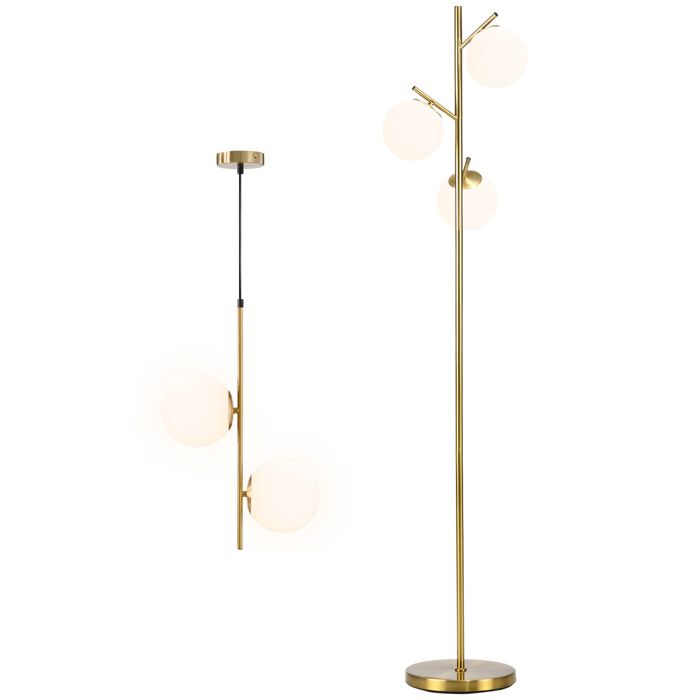 Lampadaire sur pied salon en métal 3 abat-jours + suspension luminaire double tête - HOMCOM - 40W - pour entrée salon - métal - doré