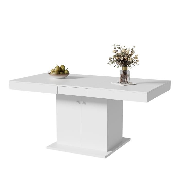 Table à manger extensible L140/180 x P80 x H76 cm blanche avec rangement et système télescopique automatique