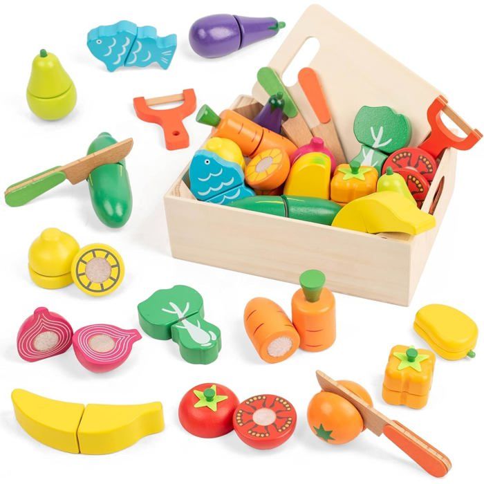 Jeu de Coupe Fruits et Légumes en Bois avec Velcro pour Enfants 3 Ans 32 Pièces Accessoires de Cuisine Dinette Jouet Éducatif