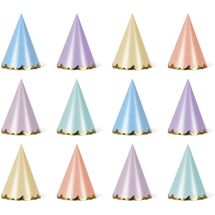 Chapeaux de fête pastel 12 pièces cône en papier avec élastique décoration anniversaire mariage 6 couleurs