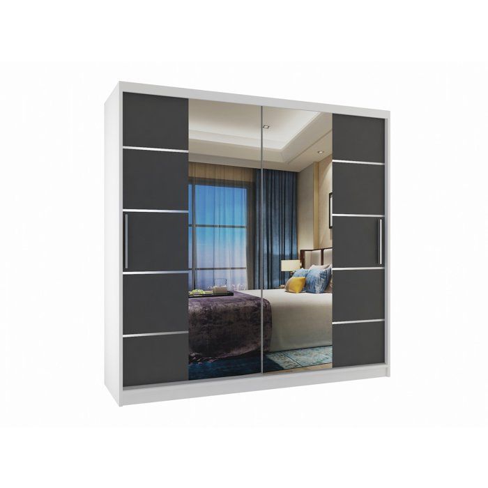 BELINI Grande Armoire 2 Portes Coulissantes VERONA ME 200 cm - Blanc / Gris Mat - Miroir Intégré & 2 Tiroirs - Chambre Adulte