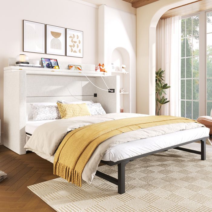 HOMVRA lit escamotable 140 x 200 cm beige avec 1 tiroir USB et Type-C tissu aspect lin sans matelas