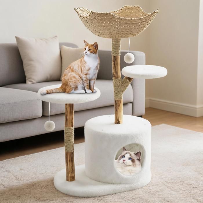Arbre à chat 117 cm – Bois massif – Panier en rotin – Plateformes rembourrées – Griffoirs en sisal – Jouets pompons – Style1