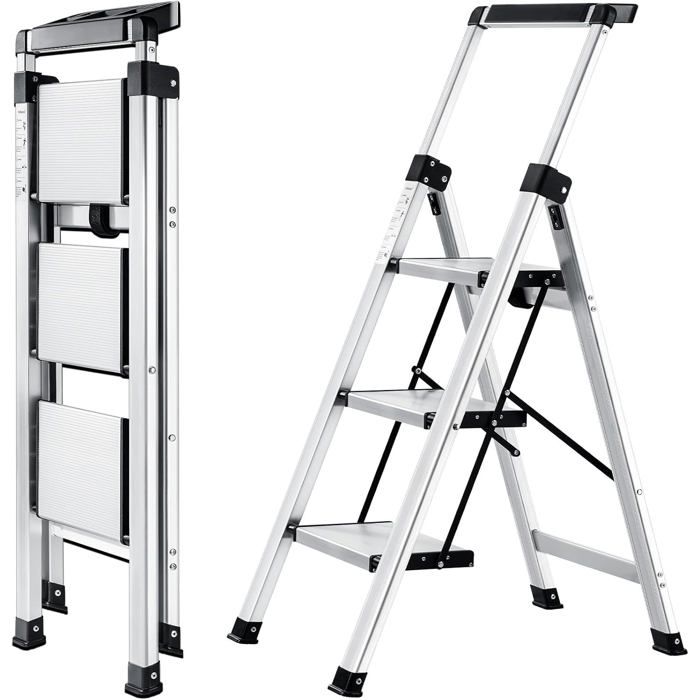 Marchepied pliant 3 marches aluminium main courante extensible antidérapant charge max. 150 kg escabeau compact domestique