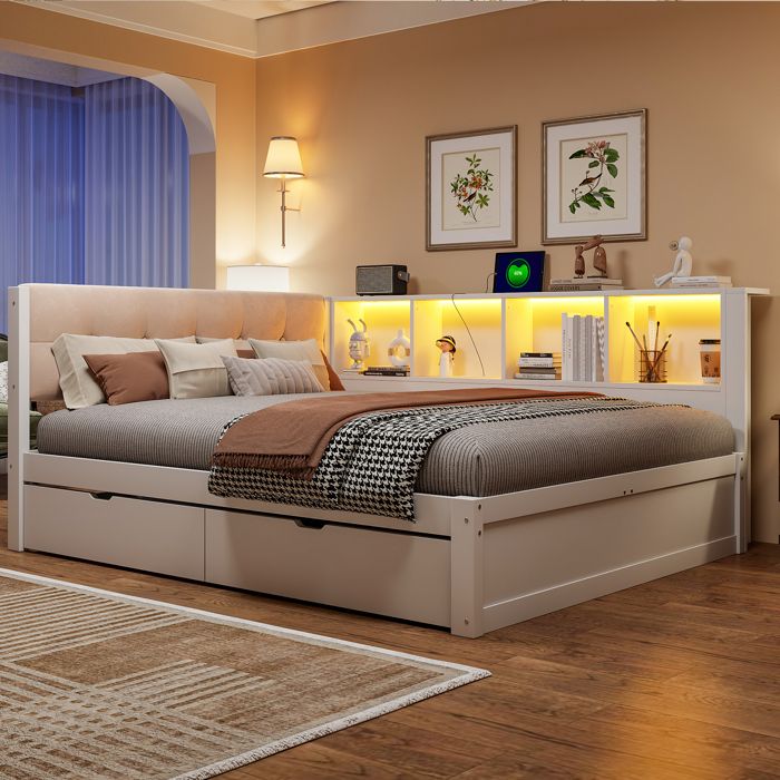 Lit de jour 140x200 cm en pin blanc 2 tiroirs étagères latérales LED dimmable USB sans matelas