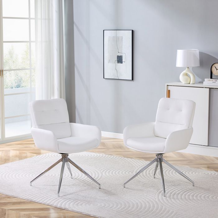 ULEVR lot de 2 chaises pivotantes de salle à manger en PU blanc pieds métal argenté 55 x 50 x 85 cm