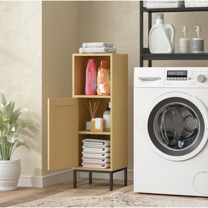 Colonne de salle de bain étroite EVRYAE 89 5 x 39 x 11 7 cm 1 porte niche ouverte étagère réglable bois naturel