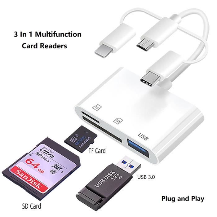 Otg Lecteur de carte SD Hub 3 en 1 Micro USB OTG adaptateur USB