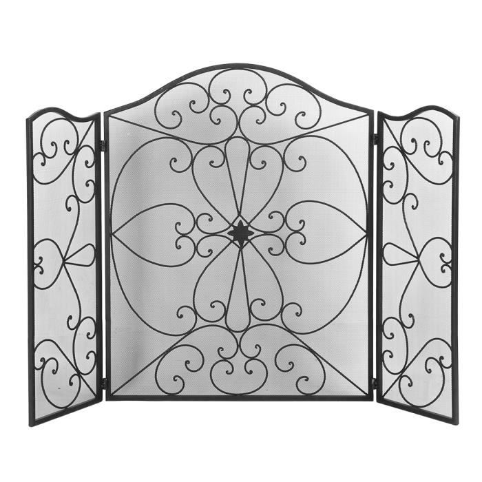 Écran Cheminée 3 Panneaux Noir - Pare-feu En Fer Forgé 102x61 Cm, Design Volutes