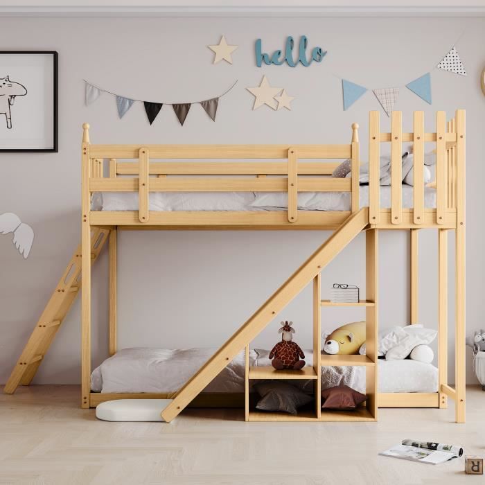 lit superposé avec escalier, clôture, rideau de lit, toboggan et étagère, lit enfant avec protection antichute (90x200 cm)