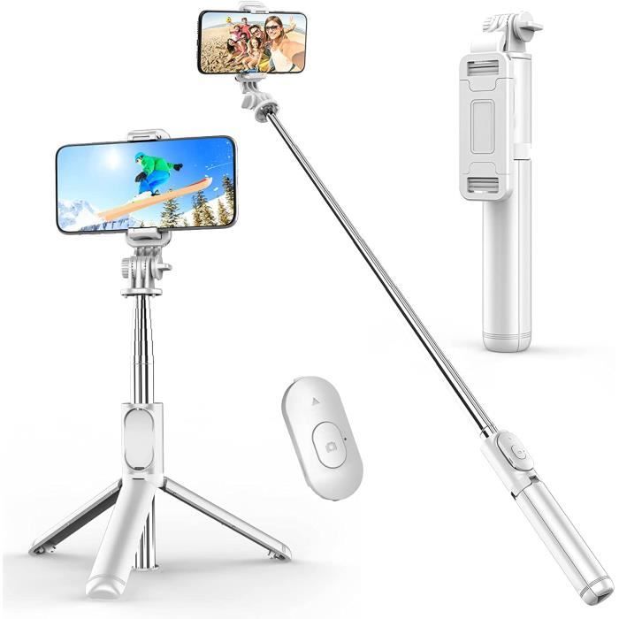 Blanc 4 en 1 Perché à Selfie Bâton Selfie Extensible Monopode Réglable avec Télécommande Amovible Perche Selfie Bluetooth