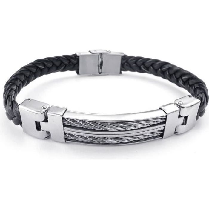 Bijoux Bracelet Homme Biker Tresse Manchette Cuir Acier Inoxydable Fantaisie Chaine De Main Couleur Noir Argent Ave Achat Vente Bracelet Gourmette Bijoux Bracelet Homme Bik Cuir Noir Cd