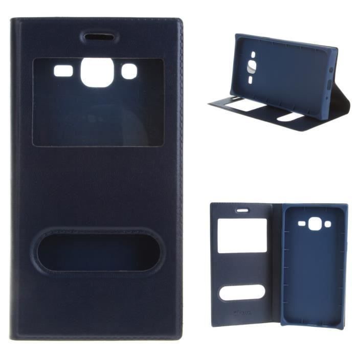 Pour Samsung Galaxy J5 Sm J500fn Housse Coque Etui A Rabat Avec Double Fenetre Pu Cuir De Protection Case Bleu Marine Achat Housse Etui Pas Cher Avis Et Meilleur Prix Cdiscount