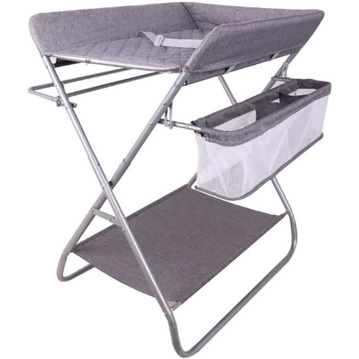 Table à Langer Pliable Avec Panier Rangement - Hauteur Réglable 4 Positions, Charge 15kg, Roues Silencieuses - Gris Nuage