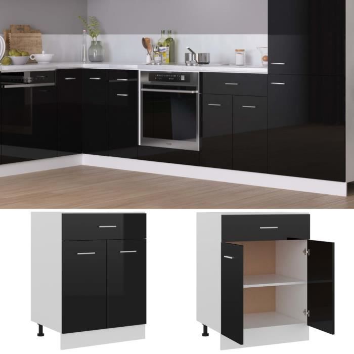 Armoire de cuisine Noir brillant - Aggloméré - 60x46x815 cm - Tiroir et étagères - Rangement pour cuisine