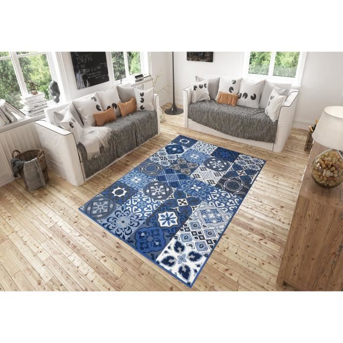 Tapis Salon Patchwork Carreaux Ciment Bleu Debonsol 160x225cm Cdiscount Maison