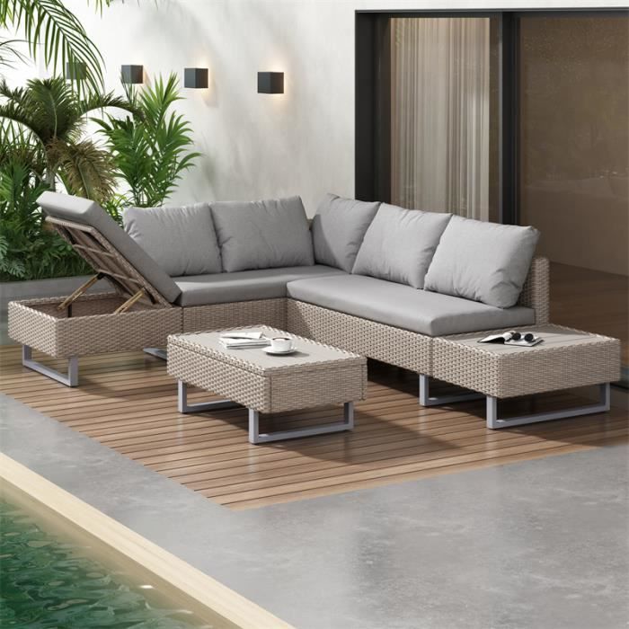 Salon De Jardin 4-5 Personnes LINKHOO – Canapé D'angle + Table Basse, Structure Acacia, Coussins épais, Gris