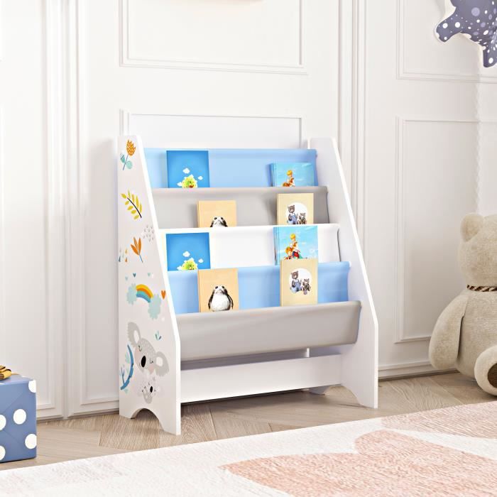 Bibliothèque Fisterra pour enfant avec 4 compartiments ouverts blanc gris bleu