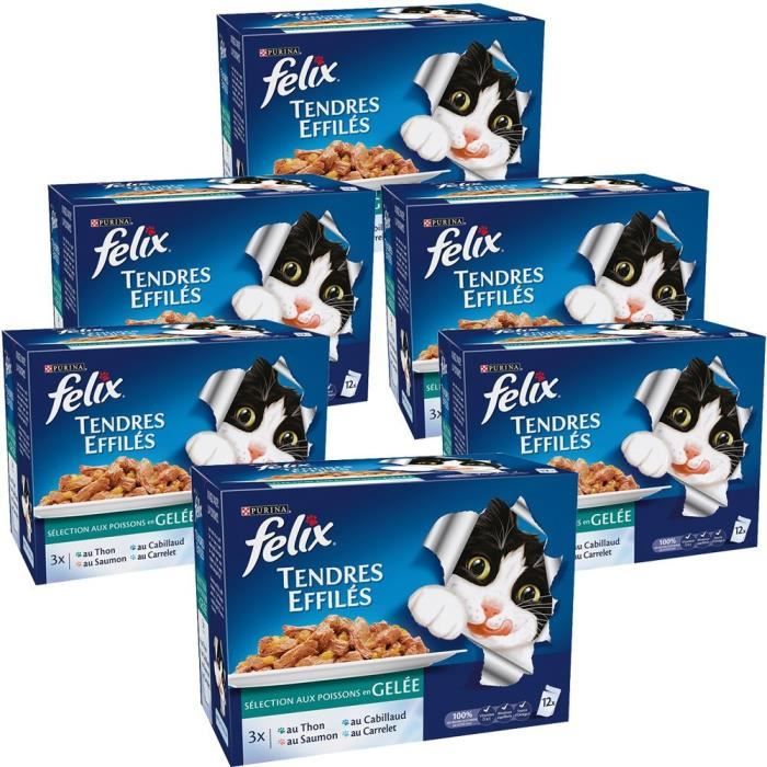 Comparer les prix de Felix Tendres Effilés en Gelée Poissons pour Chat Adulte 12x100 g