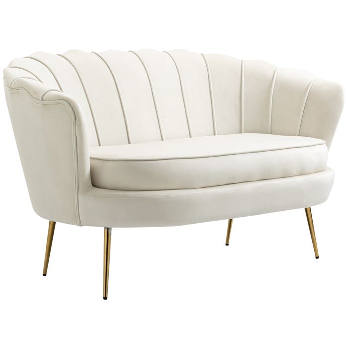 Canapé 2 places - petit canapé - HOMCOM - velours forme coquillage coussin 10 cm pieds dorés salon - métal velours - crème