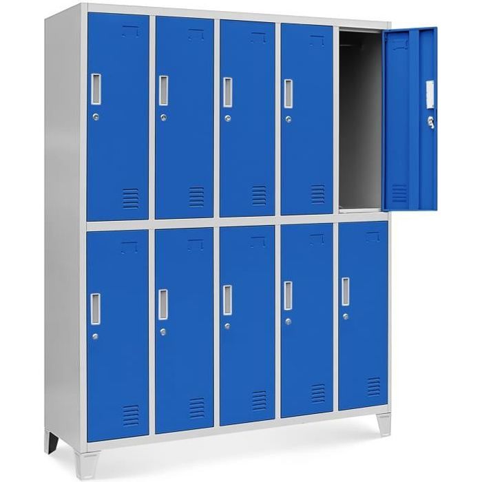 Casier vestiaire 5B2A armoire metallique 10 Compartiments revêtement en poudre 172 cm x 136 cm x 45 cm (gris/bleu)