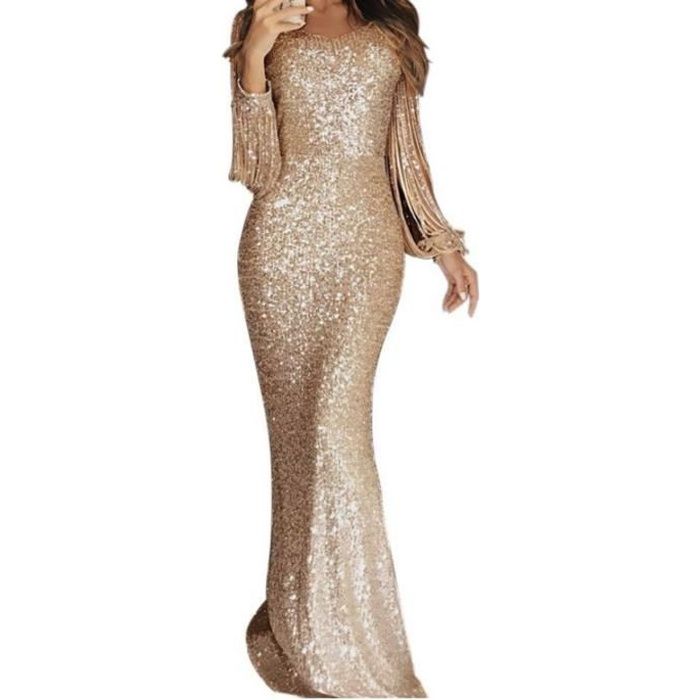 Robe De Soir e Femme Longue Manche Longues Franges Formelle Slim