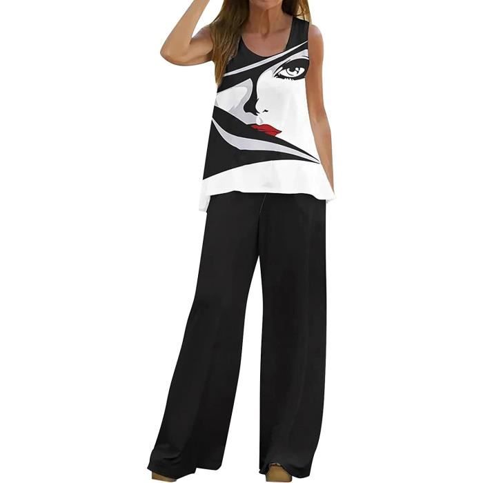 ENSEMBLE DE VETEMENTS en Lin Femme Ete Tailleurs Pantalons Costume Chic et Elegant Deux Pieces Haut et Pantalon Large Lache Noir