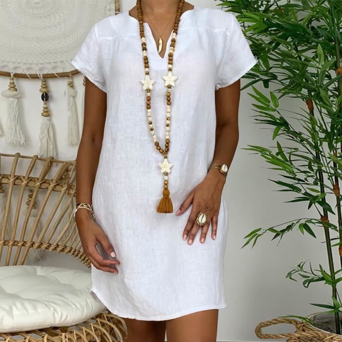 Mini robe mini robe t shirt ample en coton et lin a manches courtes et col en v 413 Blanc Cdiscount Pret a Porter