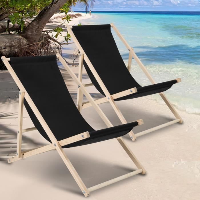 chaise longue pliante en bois chaise de plage chilienne noir 2 pièces