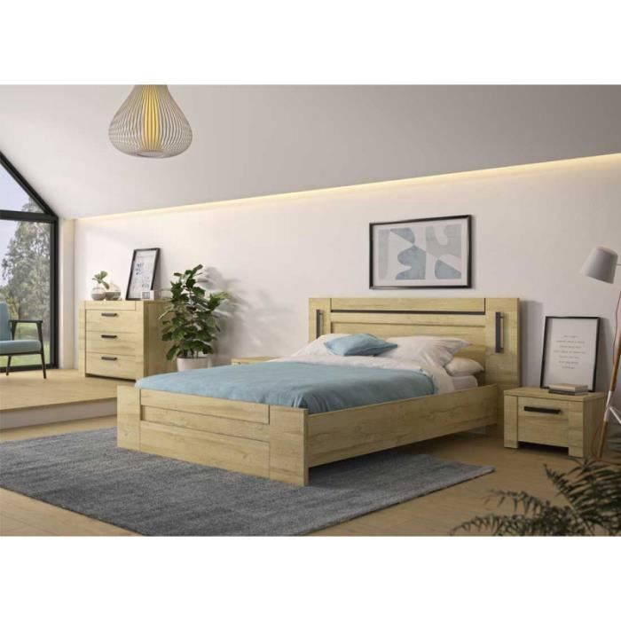 Chambre adulte complète - MARCELLINO - 140x190 cm - Chêne blond et bois noir